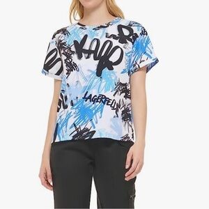 Karl Lagerfeld White Tee with Blue & Black Abstract Scribble
